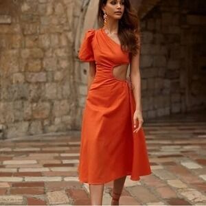 NWT Alamour The Label Morena Dress Small S Orange One Shoulder Midi Cutout $159